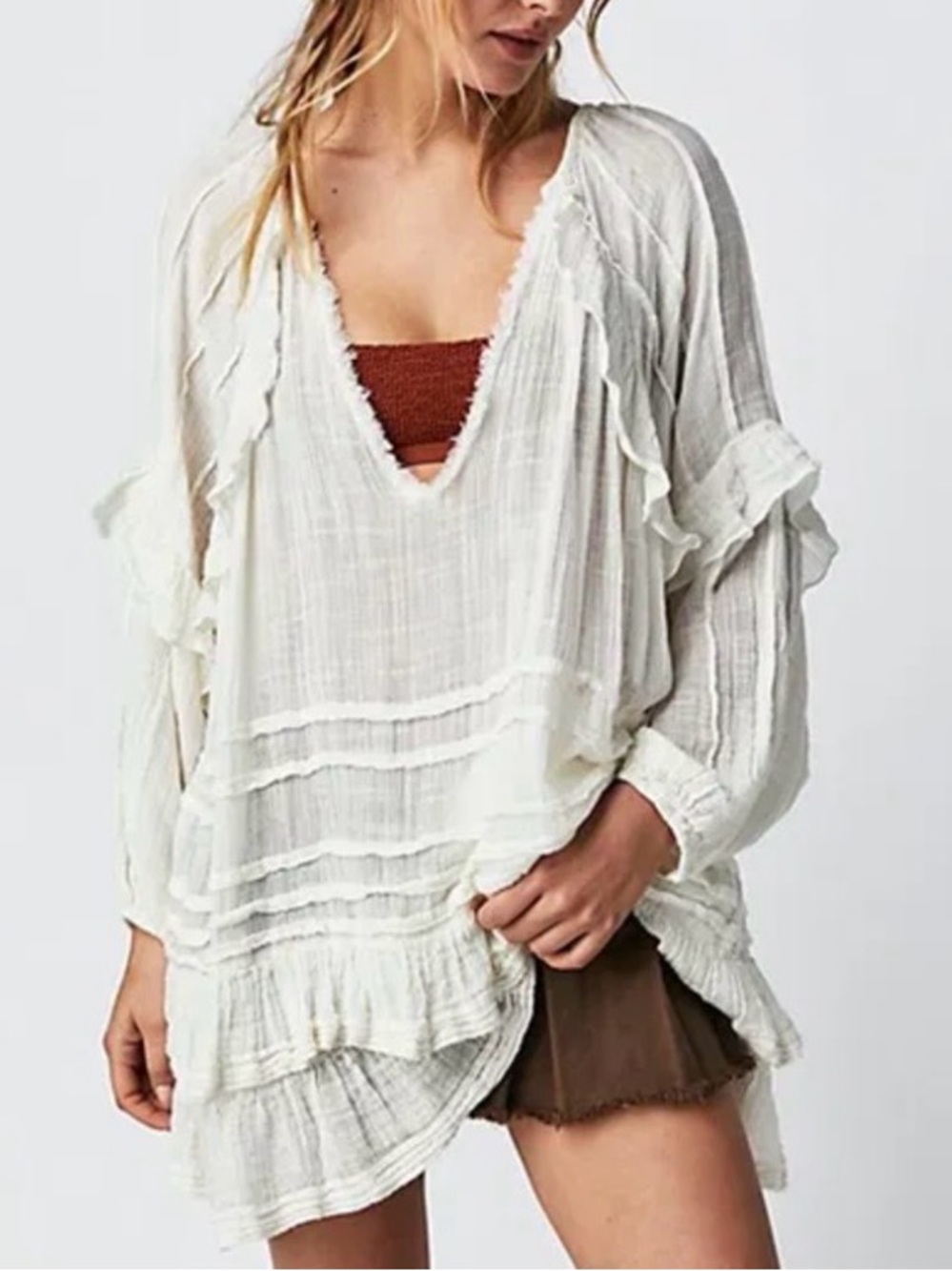 Free People Tamasi Ruffle-Trim V-Neck Tunic White Medium